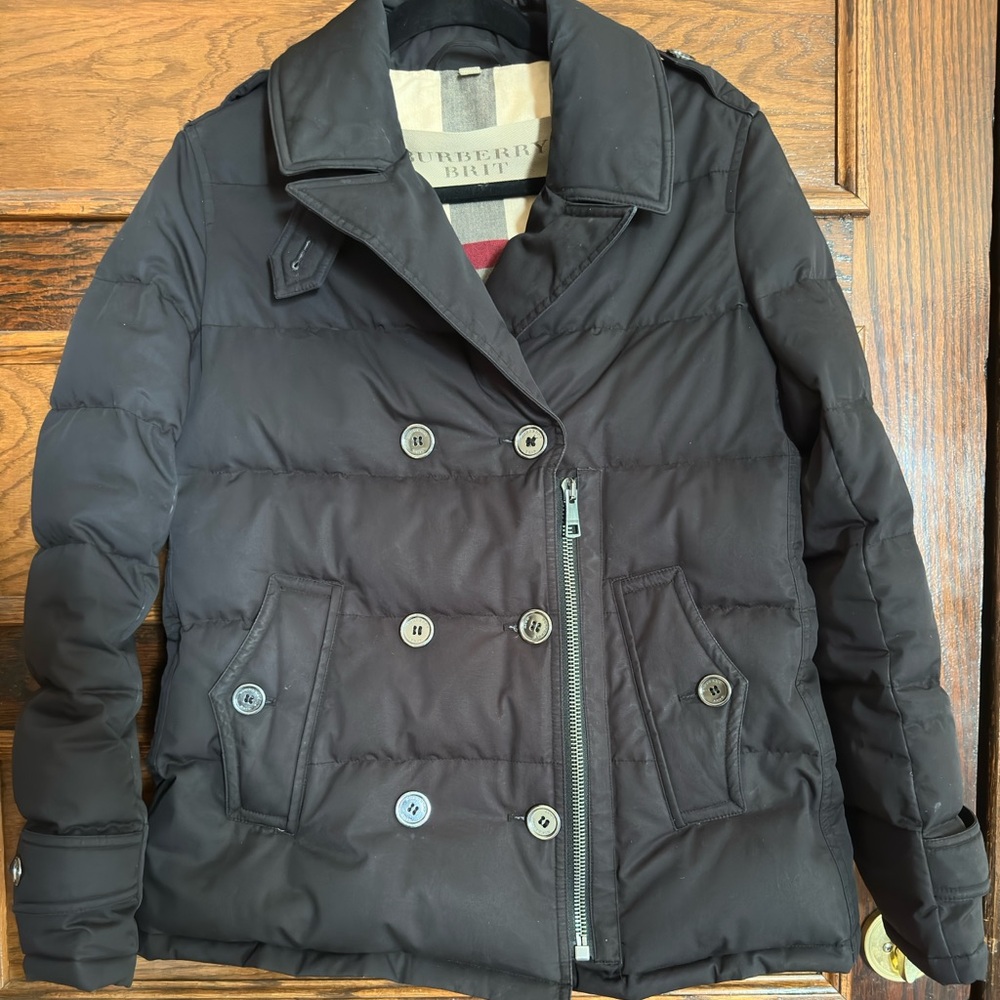 Burberry Brit Double-Breasted Black Puffer Jacket/in the style of a peacoat-